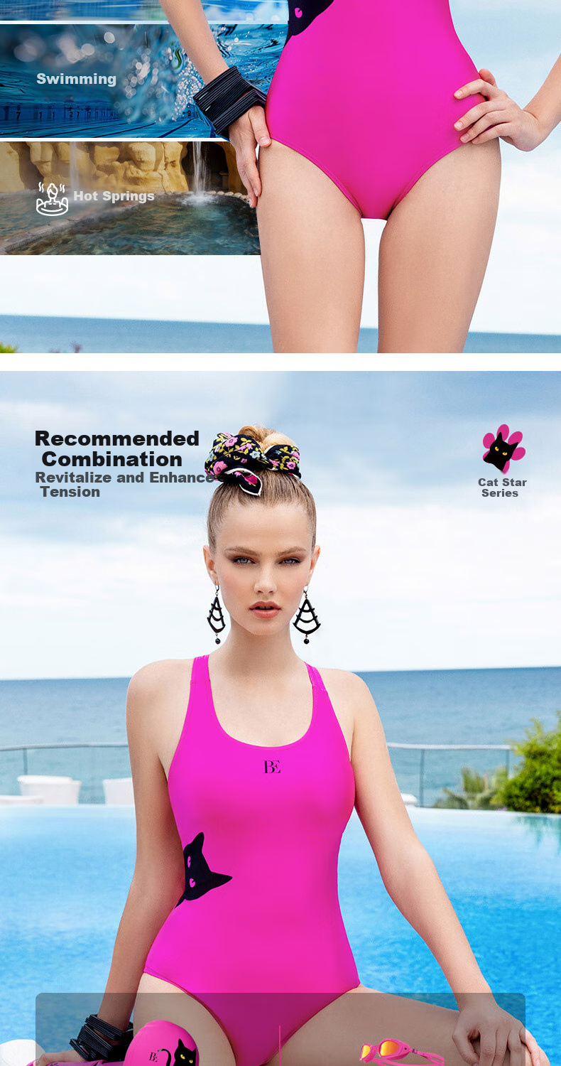 BALNEAIRE Little Black Cat/Miaoxingren Series 2025 New Women's One-Piece Swimsuit, Sun Protection, Competitive Speed 61786, Berry Pink, S 7