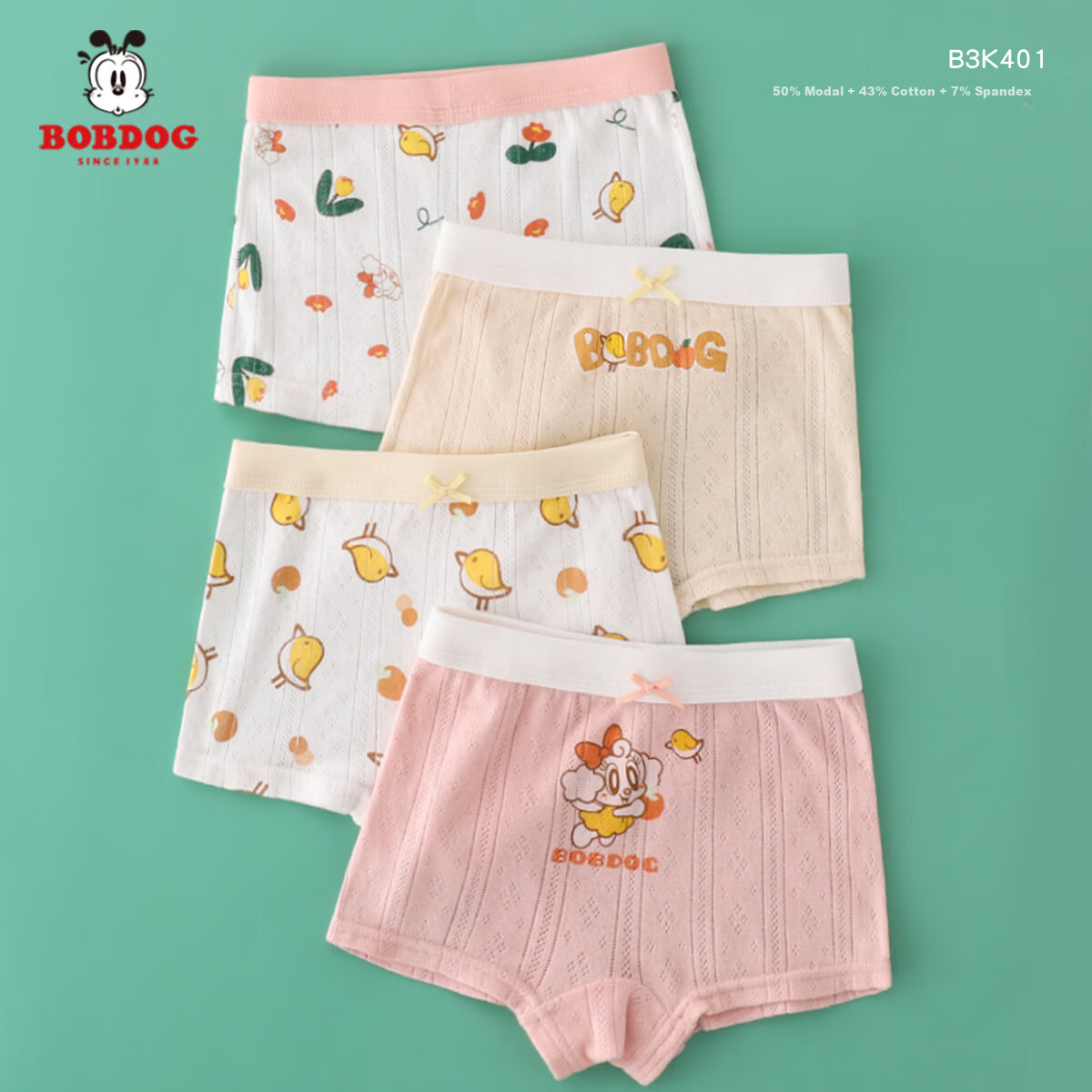 BOBDOG Children's Underwear, Girls' Underwear, Big Kids' Underwear, Baby Boxer Briefs, Happy Little Bird, 4 Pieces, Size 120