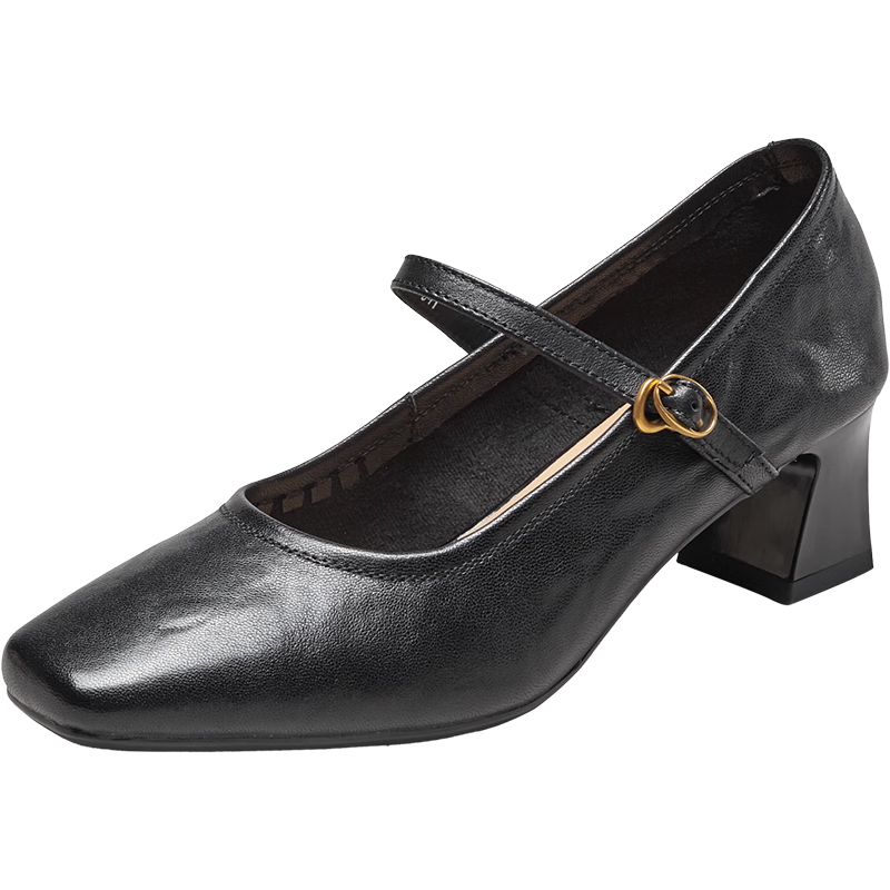 Eierkang Women's Vintage Mary Jane Shoes Single Strap Chunky Heel Pumps Shallow High Heels 27561W Black Size 35