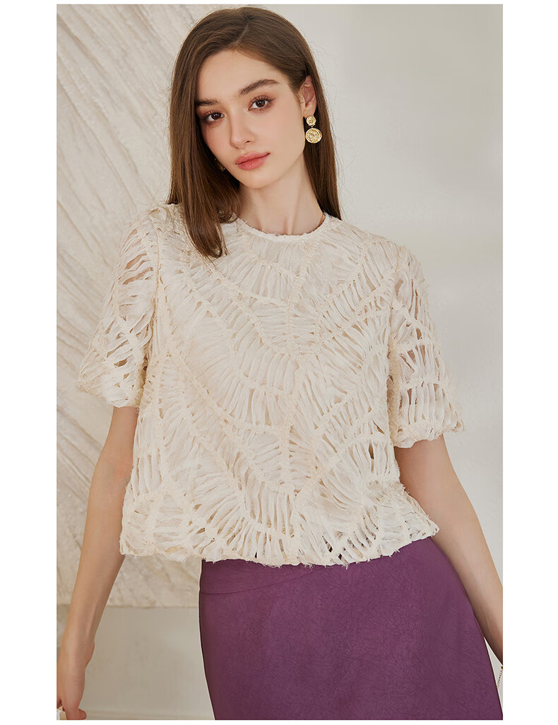 ROEYSHOUSE French Style Ribbon Round Neck Shirt Women Summer Elegant Commuter Loose Short T-Shirt 10441 Beige XL 8