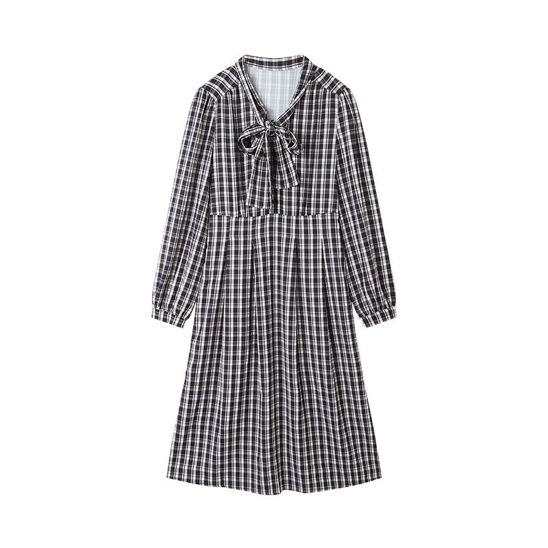 MT Black and White Checkered Bow Autumn Slim Fit Non-Stretch A-Line Long Sleeve Plaid Dress for Women