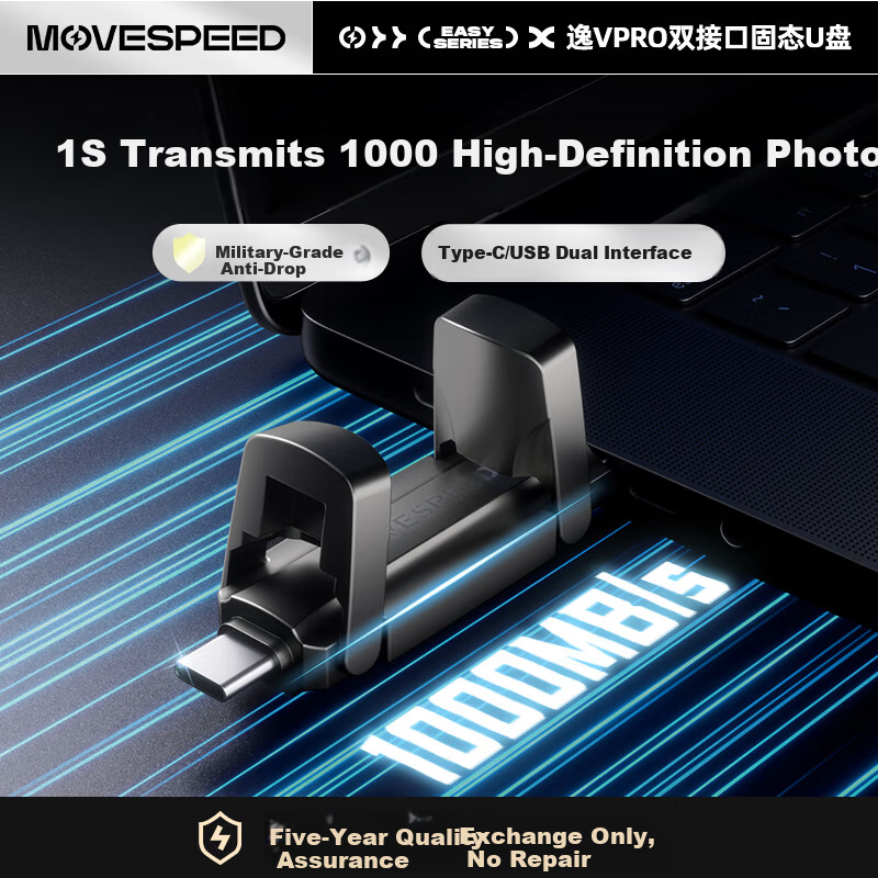 MOVE SPEED 256GB Solid State Flash Drive USB3.2 Type-C Dual Interface High-Speed Large Capacity USB Drive for Phones And Computers Read Speed 1000MB/s Yi Vpro