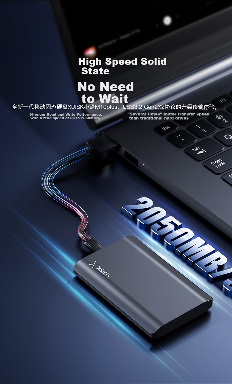 Xiaopan (XDISK) 2TB Portable Solid State Drive (PSSD), M10P Gun Black, NVMe SSD, Type-C, Yangtze Memory, USB3.2, Direct Phone Connection, 2050MB/s 3