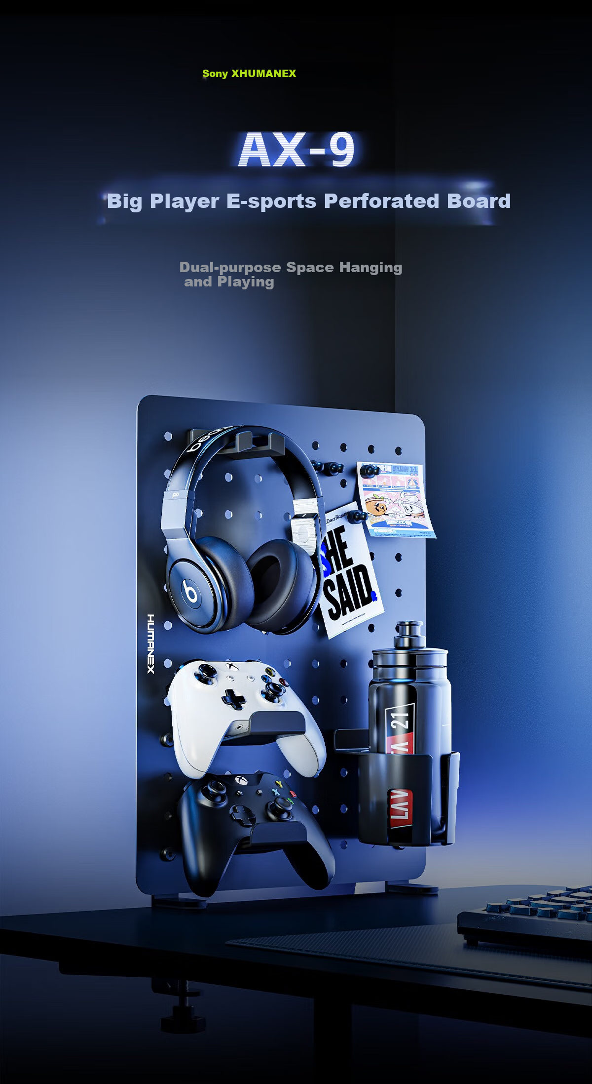 HUMANEX Pegboard Storage Rack, Wall-Mountable, for Gaming Room And Office Desk, Creative Hooks And Accessories, Weight Capacity 10KG, Empty Board AX-902 1