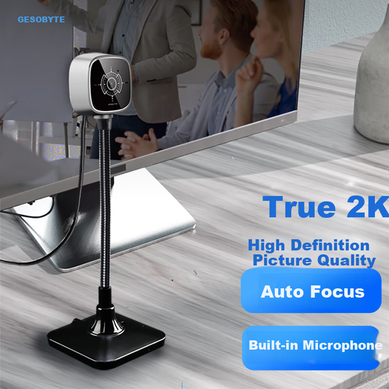 GESOBYTE C509 Bracket-Type 2K HD Live Streaming Computer Webcam Video Call Conference Online Teaching Home Laptop Desktop Built-In USB Interface Plug-And Microphone