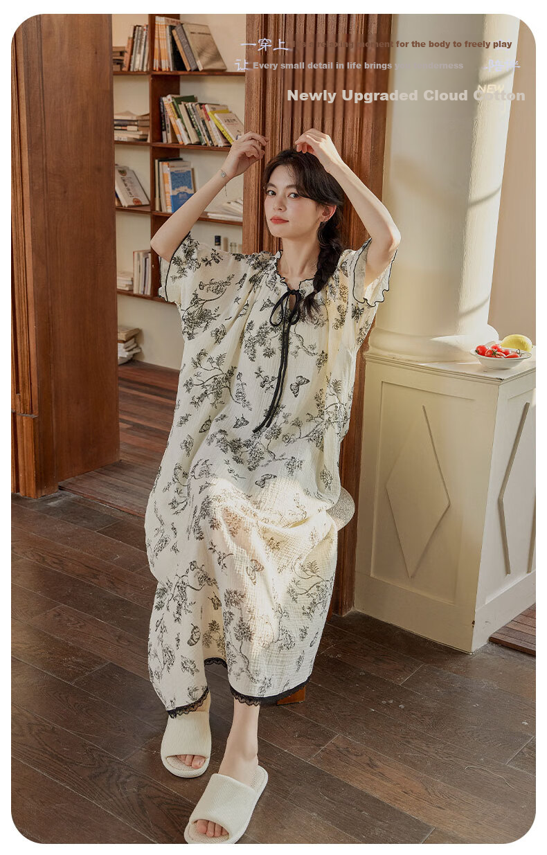 GUJIN Padded Nightgown for Women, Spring And Summer New Sweet Floral Short-Sleeve Thin Age-Reducing Sleepwear Dress, Suitable for Outdoor Wear 1