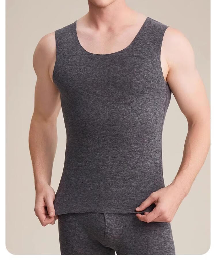 BOPRUIEY Men's Thermal Vest 2-Pack Wool Silk Fleece Heating Seamless Crew Neck Winter Cold-Resistant Base Layer Autumn Shirt 16