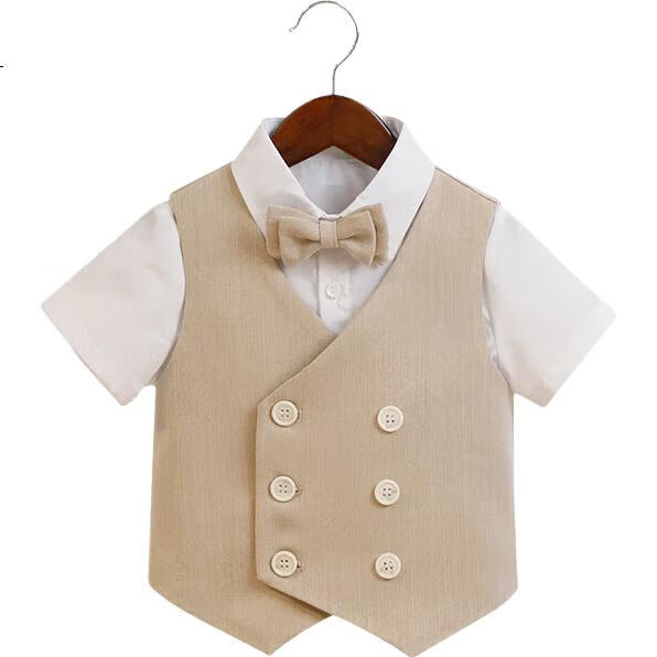 LUOBOBEIBEI Children's Formal Wear Spring Outfit, British-Style Vest Set for Boys, Flower Boy Wedding And New Year's Attire, Khaki Four-Piece Set, Size 130