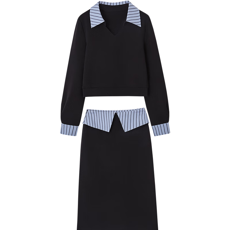 Demana Air Layer Set Spring Autumn Colorblock V-Stripe Collar Sweatshirt Fashionable Overlap Hem Skirt Women's Two-Piece Set