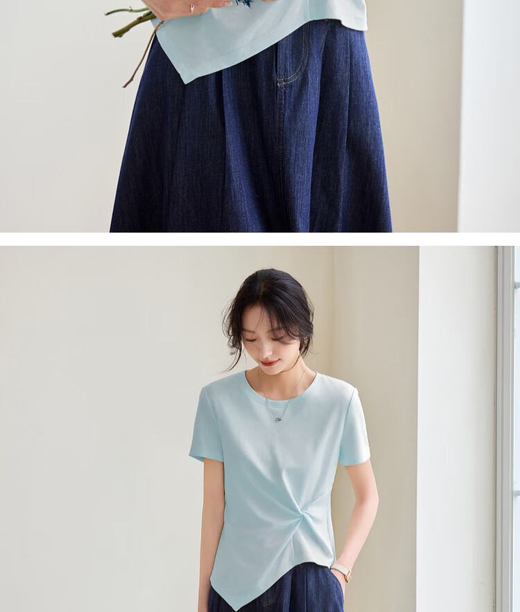 Shangdu Bila Slim Fit Slimming Pure Cotton T-Shirt Women Summer Design Irregular Short Sleeve Elegant Top Black S 13