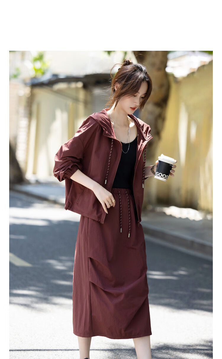 Dme [Black Technology Three-Proof] Autumn Sports Style Hooded Color-Block Zipper Jacket with Elastic Waist Half Skirt Two-Piece Set 2