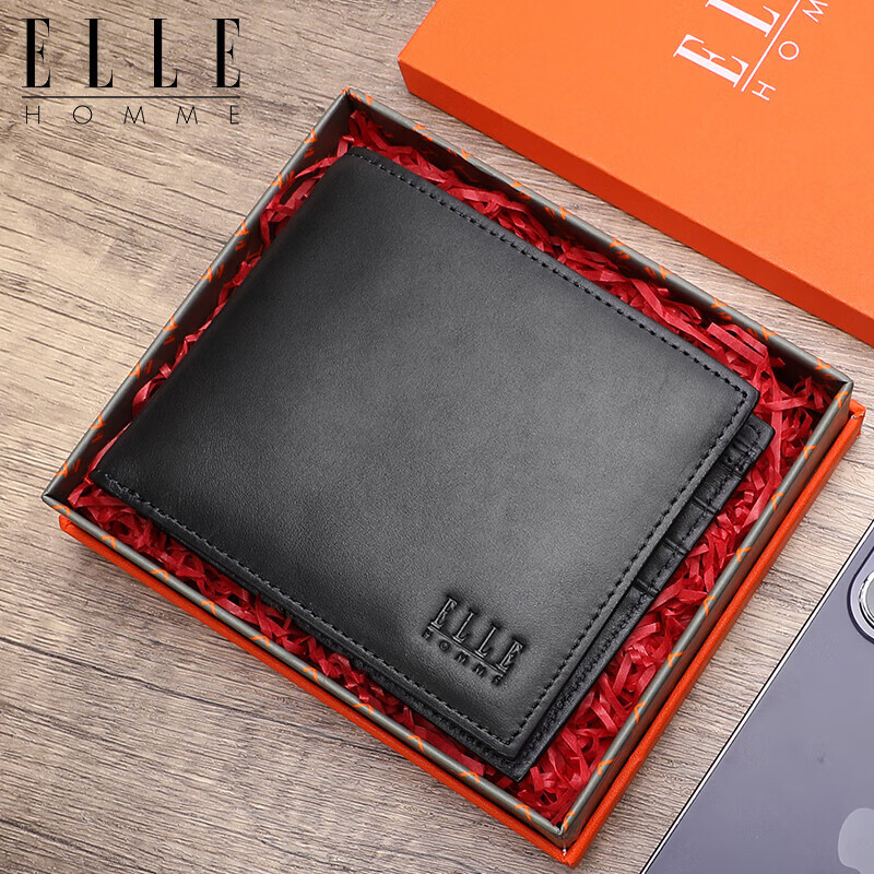 ELLE HOMME Men's Short Wallet, Top-Grain Leather Multifunctional Card Holder, Horizontal Style Money Clip 0620, Birthday Gift for Me