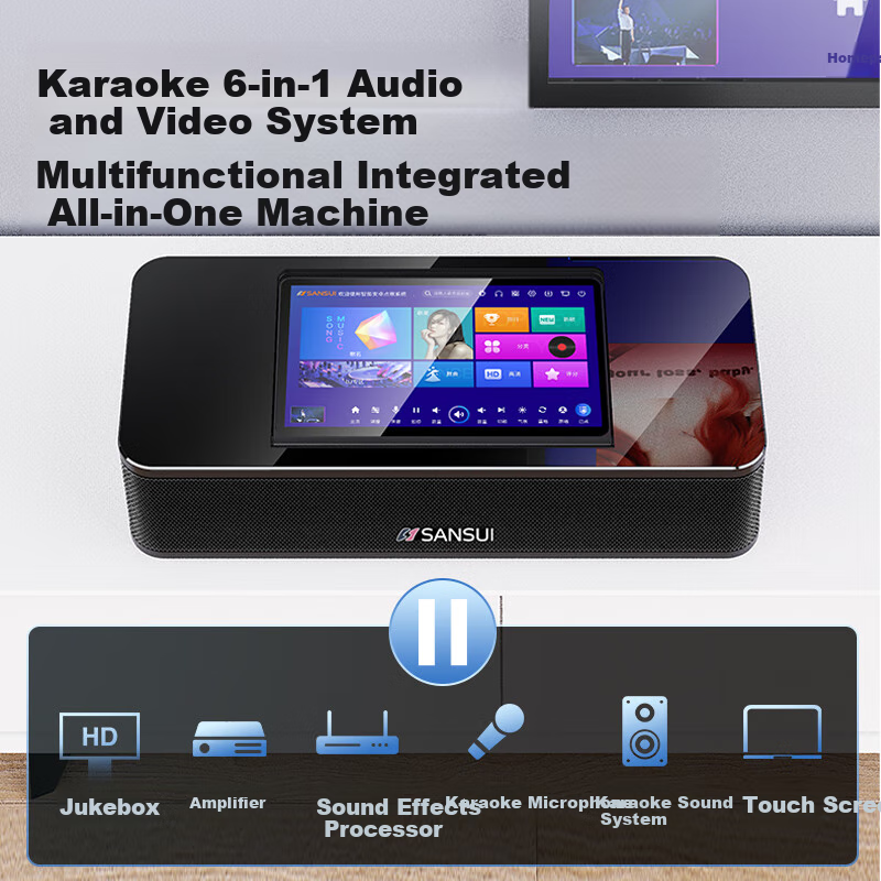 SANSUI 96H Умная домашняя караоке-система, портативная колонка с Bluetooth, Wi-Fi, HDMI, USB, оптическим и AUX входами, 14.1-дюймовый сенсорный экран, 500 ГБ памяти, 2 микрофона