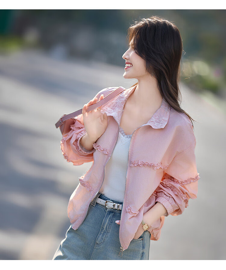 Shangjing Sweet Lace Trim Jacket, 2026 Summer New Lightweight Lace Patchwork Loose Sun Protection Coat for Women, Pink, S 5