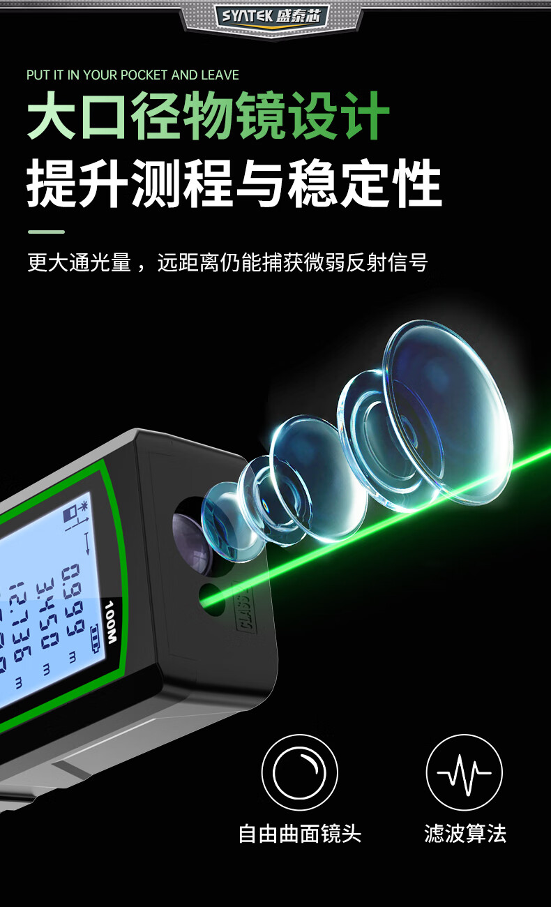 SYNTEK Laser Distance Meter High-Precision Green Light Outdoor Measuring Device Smart Handheld with Lithium Battery 70m 26