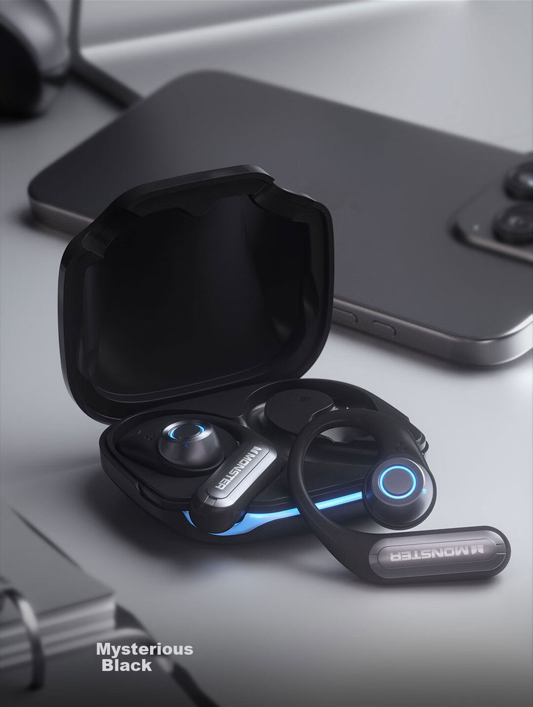 Monster Bluetooth Headphones, Bone Conduction Concept, True Wireless, Over-Ear, Open-Style, Non-In, Clip-On, Sports, Running, Long Battery Life, High Aesthetic Value, Light Effects, T101 Black 8