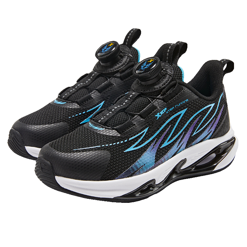 XTEP Kids Y Series - Flaming Feather Rotating Buckle Boys Breathable Running Shoes Black/Blue Lake Size 28