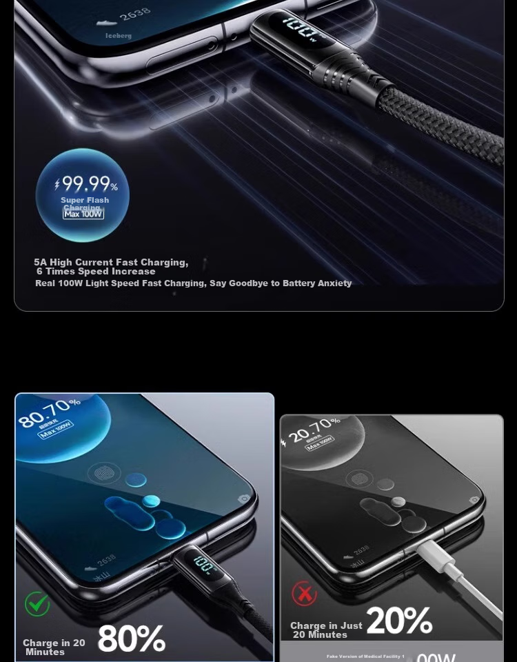 Nengshi Dual-Head Type-C Data Cable, PD100W/80W Fast Charging Cable, Tungsten Gold Digital Display, Suitable for Apple 16/15/Huawei Xiaomi CtoC, Tablet Car Charger, 2 Meters 7