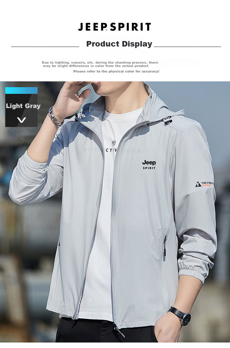 JEEP SPIRIT Men's Sun Protection Jacket, Breathable Hooded Coat, UPF50+ UV-Resistant Quick-Dry Jacket, Light Gray, XL 6