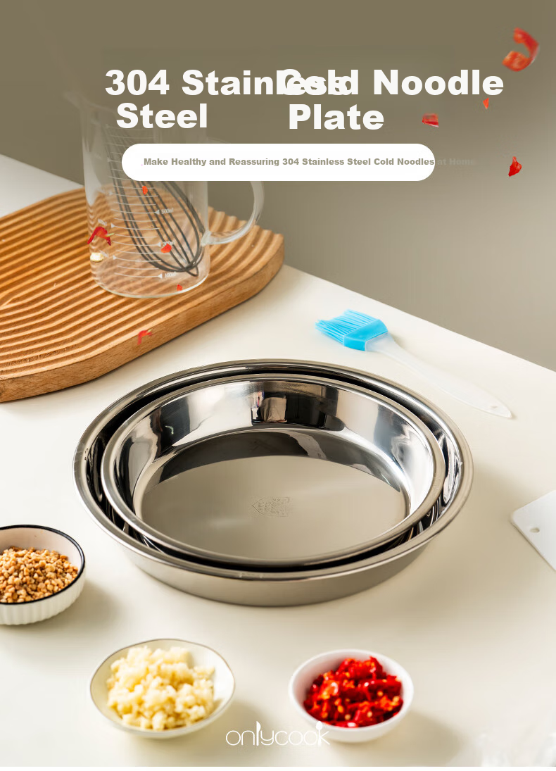 Onlycook 304 Stainless Steel Dinner Plate Household Vegetable Plate Steaming Fish Plate Steamed Rice Roll Round Plate Cold Noodle Plate Flat Tray - 26cm 1