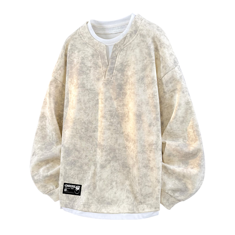 :CHOCOOLATE IT Fake Two-Piece Pullover Hoodie Men's Autumn Winter New American Tie-Dye Long Sleeve T-Shirt Khaki XL