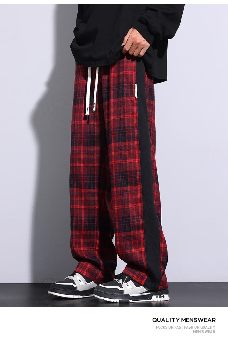 IZEXX Men's Plaid Pants, Summer American Straight Wide-Leg Loose Versatile Casual Pants, Sporty Retro Style ZL27 Gray L 9