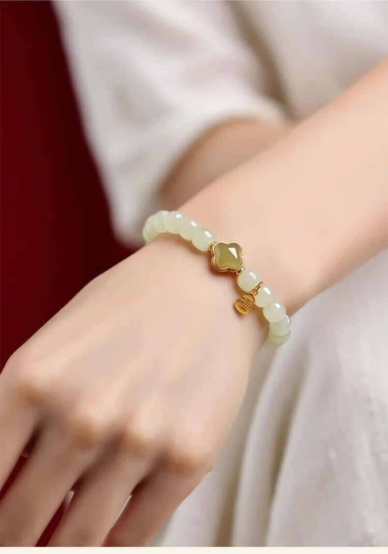 Chow Tai Fook Hetian Jade Four-Leaf Clover Silver Bracelet for Women Luxury Jade Beaded Bracelet Ring Birthday 520 Valentine's Day Gift for Girlfriend 8