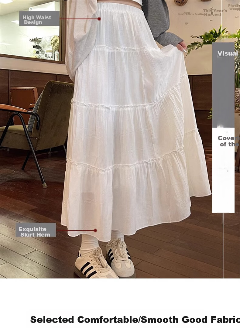 LangSha White Midi Skirt for Women, Spring 2026 New High-Waisted Slimming A-Line Puffy Skirt, Mid-Length Lace Cake Skirt 4