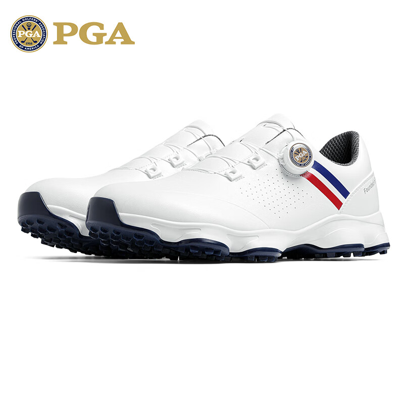 PGA Men's Golf Shoes Anti-Slip Spiked Knob Laces Waterproof Sports Shoes White Size 42