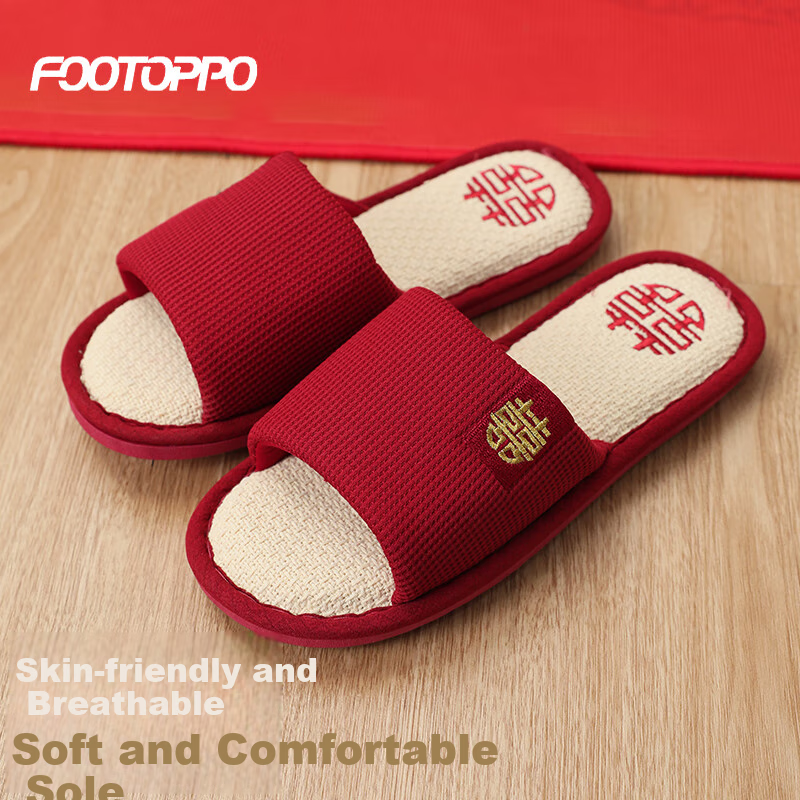 FOOTOPPO Couple's Wedding Linen Red Slippers, New Bride Red Wedding Shoes, Women's Summer Bright Red Pure Linen Soft-Soled Slippers, Men's Slippers