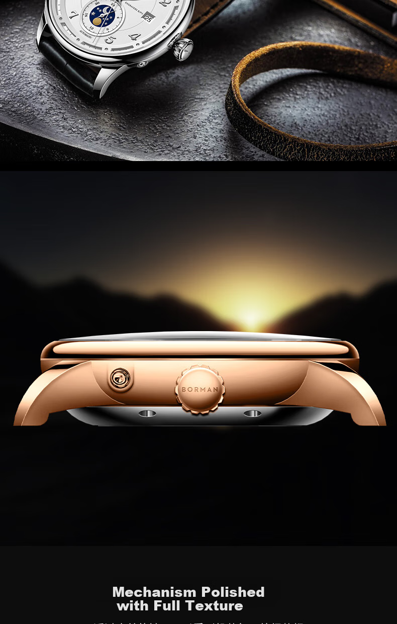 BORMAN BORMAN German Certified Men's Mechanical Watch, Fully Automatic Multifunctional Luxury Watch, Rose Gold Case with White Dial And Brown Leather Strap 11
