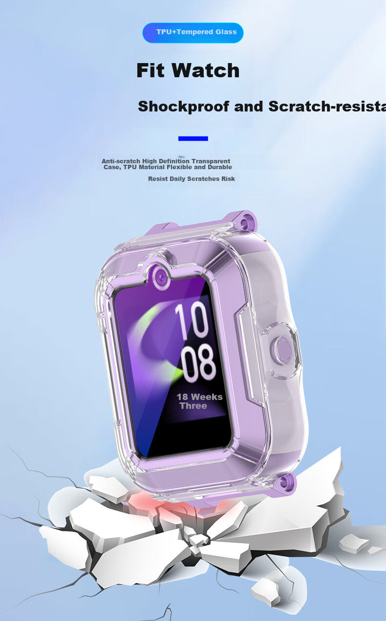 KMaxAI Compatible with Huawei Children's Watch 5 Case And Screen Protector Set, Anti-Blue Light Tempered Glass Film + Soft Silicone Case, Shockproof And Wear-Resistant, Magnetic Quick Release, Transparent Pink 4