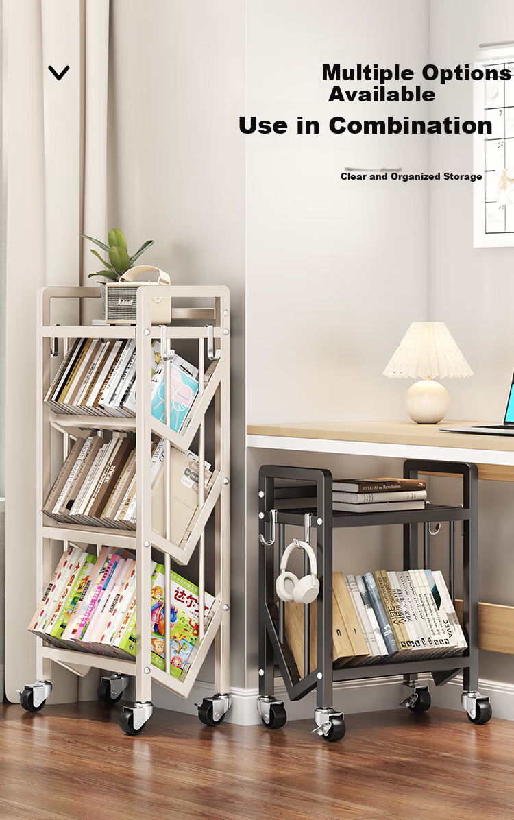 Leshengtu Mobile Bookshelf with Wheels, Small Storage Rack, Steel Book Organizer Shelf, Black, 4-Tier, LB44 6