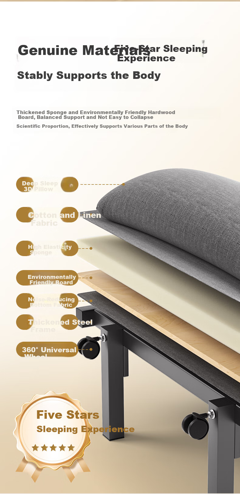 Wenna Folding Bed, Single Nap Bed for Office, Accompanying Bed, Wooden Board Bed, Four-Fold Foam Bed, 70cm 4