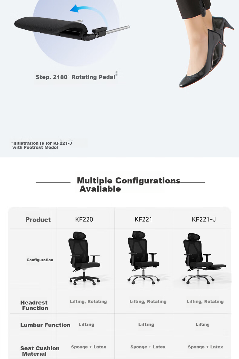 Deli KF221-J Ergonomic Chair, Height Adjustable Armrest Office Computer Chair, Alloy Feet with Footrest, Premium Versio 22