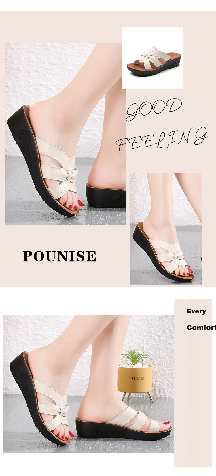 Pounise Women's Fashionable Wedge Sandals, Comfortable Versatile Open-Toe Thick-Soled Mom Slippers PDX-0520 White 35/225(1.5) 6