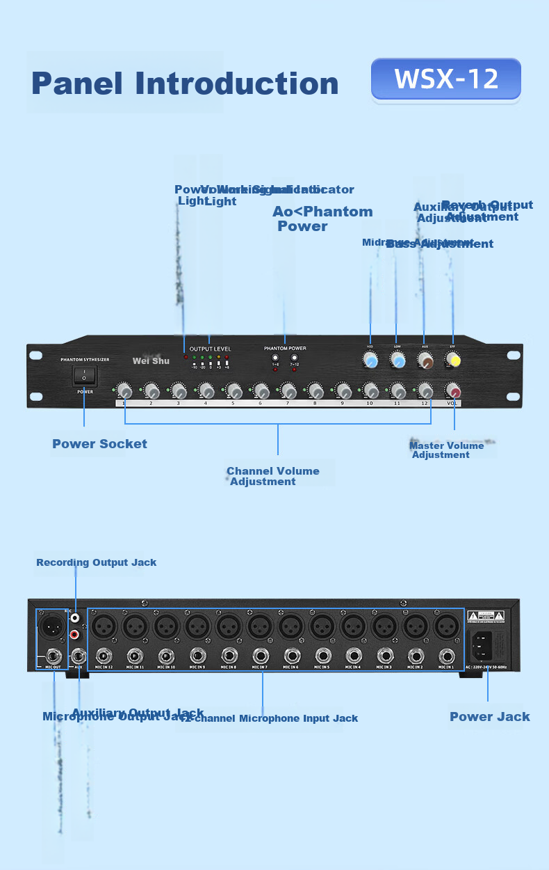 Weishu DG1000 Microphone Mixer Conference Audio Mixer Distributor, 48V Phantom Power Supply, 8-Channel XLR Interface, Independent Adjustment, Expandable Interface 9