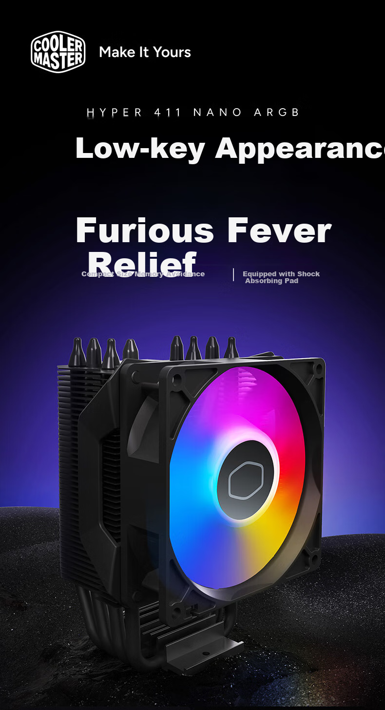 CoolerMaster Hyper 411 Nano ARGB CPU Air Cooler Single Tower/4 Heat Pipes/Direct Touch Aluminum Fin Array Compatible with Multiple Platforms 1