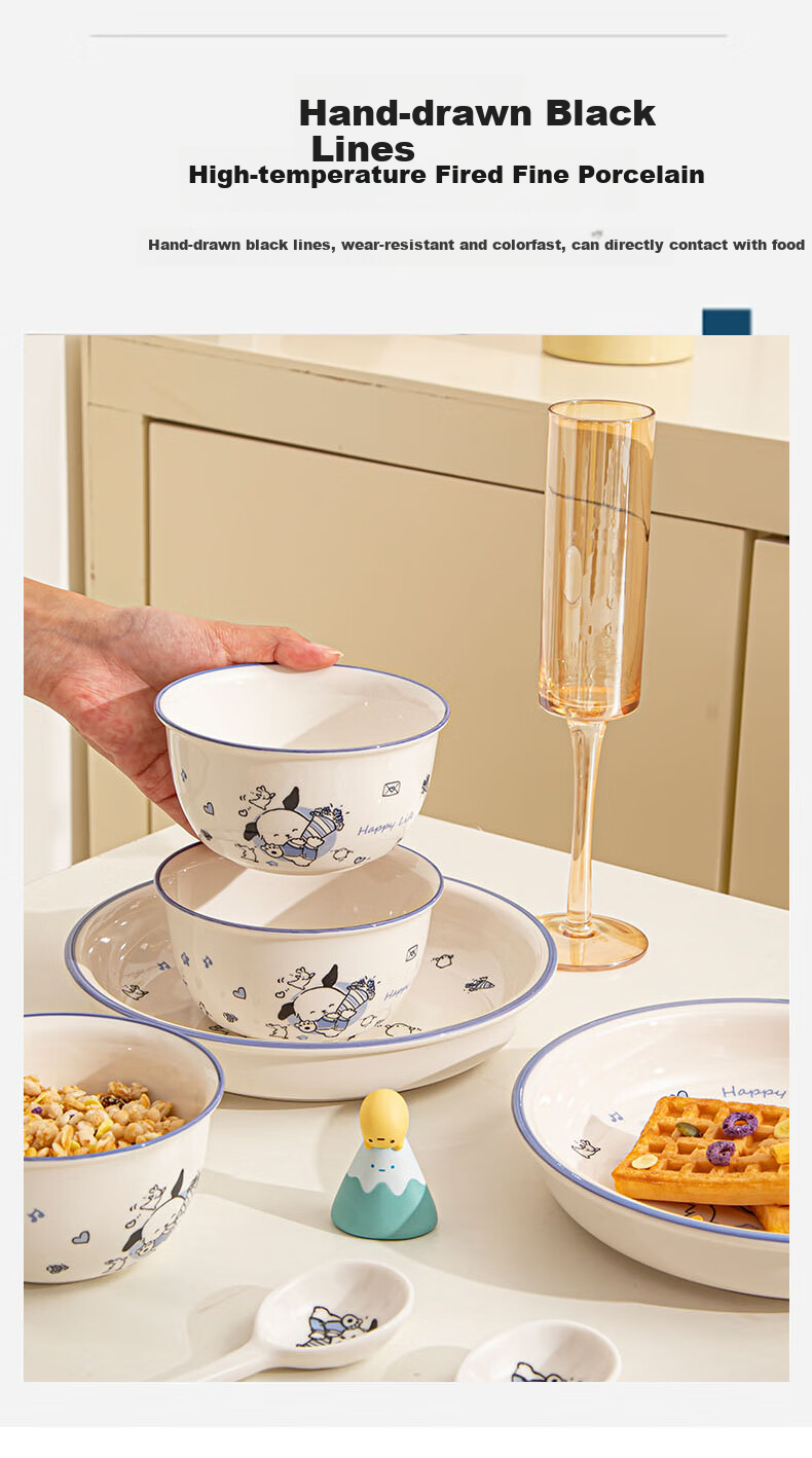 CERAMICS Underglaze Cartoon Ceramic Tableware Bowl And Plate Set for Home Use, Piqu Dog Pattern, 12-Piece Set for 4 People 2