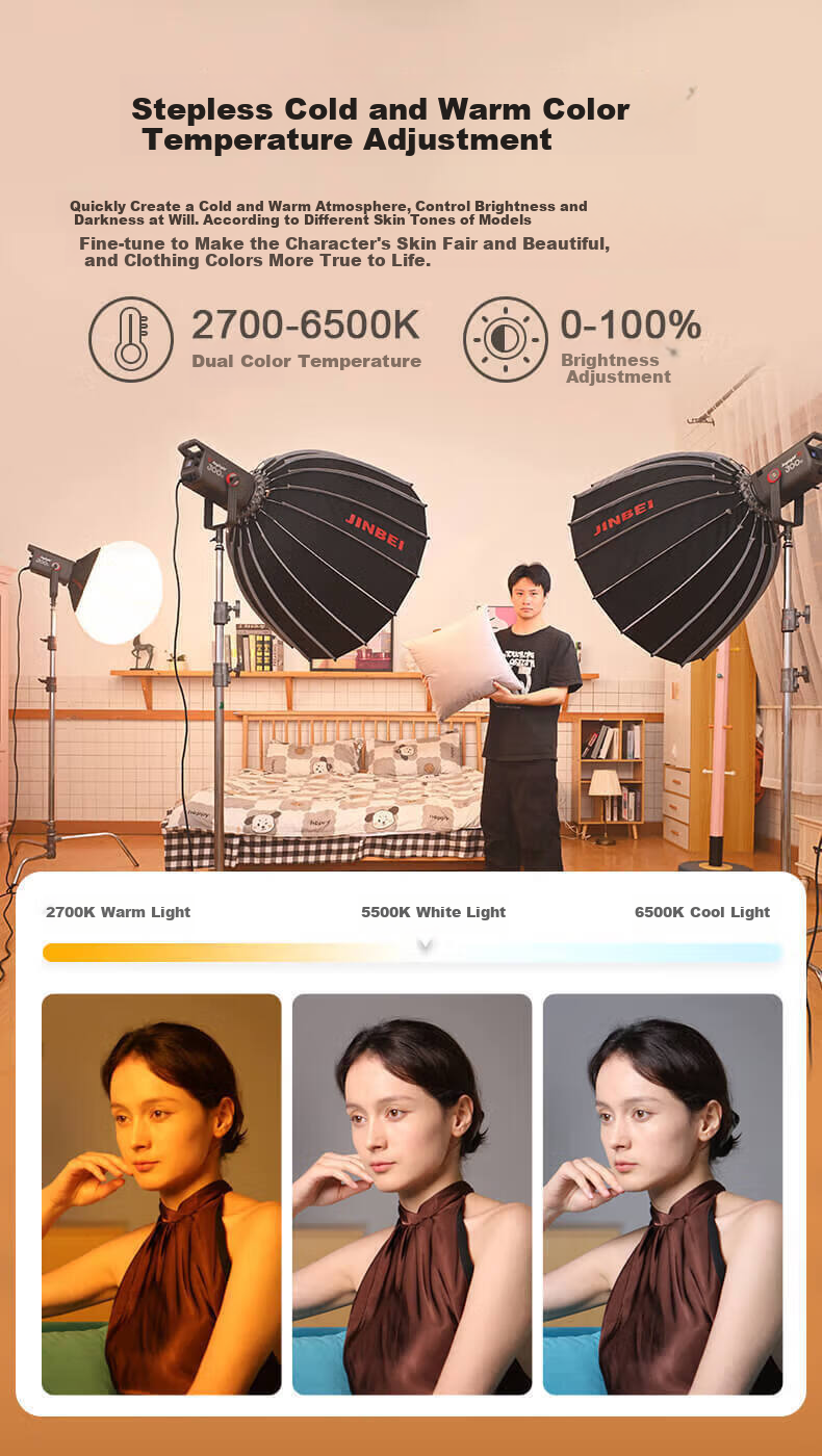 JINBEI JL300BI Photography Live Streaming Fill Light, Dual Color Temperature LED Video Constant Light, 300W High Power, for Studio Wedding Portrait Photography, Main Light for Streamers, Studio Hair Light 5