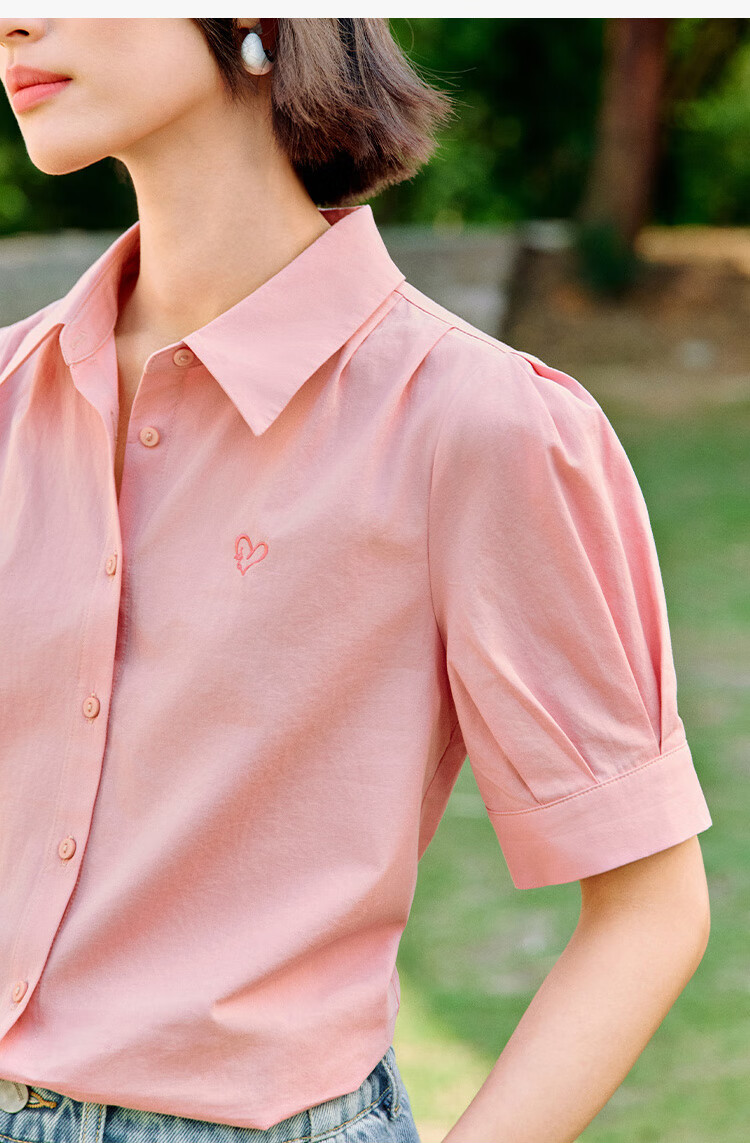 INMAN Commuter Pleated Puff Sleeve Pure Cotton Shirt, Summer Women's Clothing, Turn-Down Collar Embroidered Blouse Top, Light Pink, L 14
