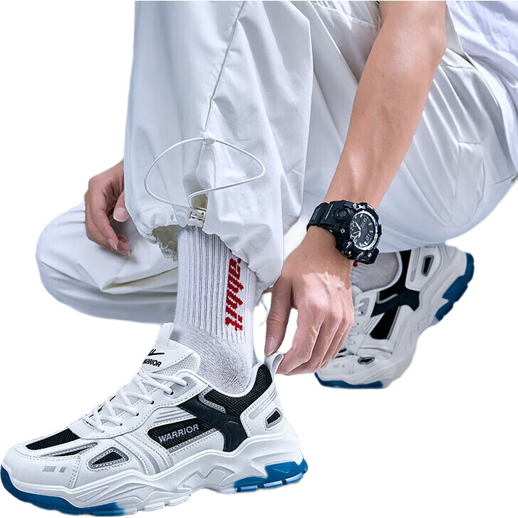 Warrior Official Sports Shoes for Men, Autumn Breathable Dad Shoes, Men's Thick-Soled Height-Increasing Casual Shoes, White And Blue, Size 41