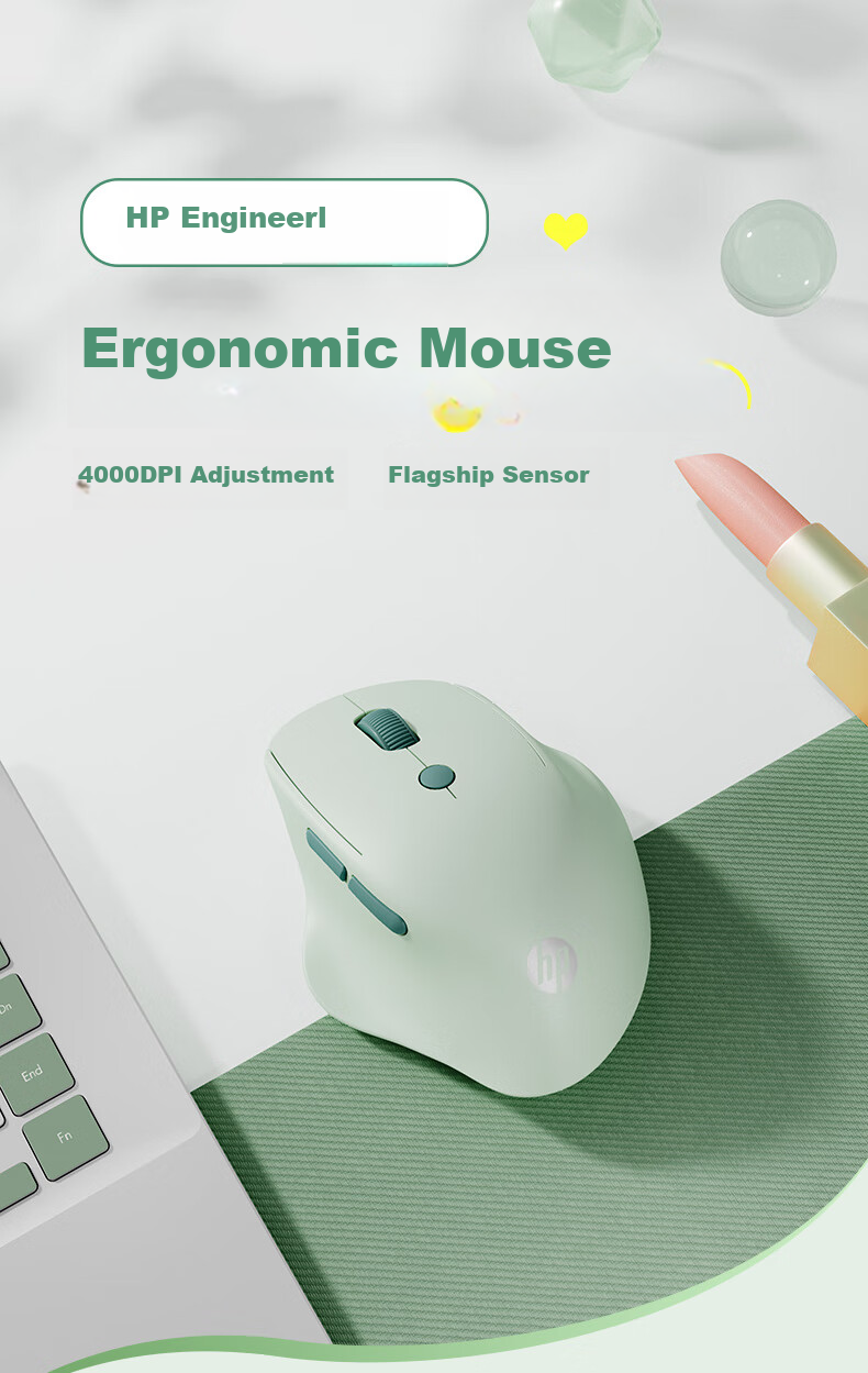 HP Engineer Ergonomic Mouse for Small And Medium Hands, Women's Mouse, Green, Wireless Bluetooth Dual Mode Office Mouse, Blue Shadow Sensor PAW3220 1