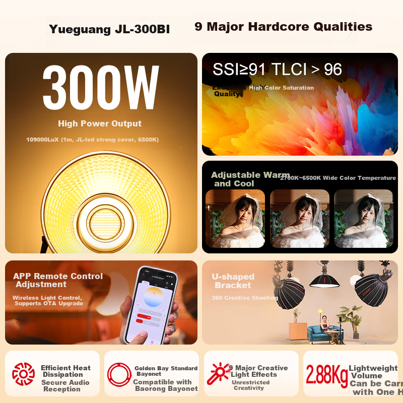 JINBEI JL300BI Photography Live Streaming Fill Light, Dual Color Temperature LED Video Constant Light, 300W High Power, for Studio Wedding Portrait Photography, Main Light for Streamers, Studio Hair Light