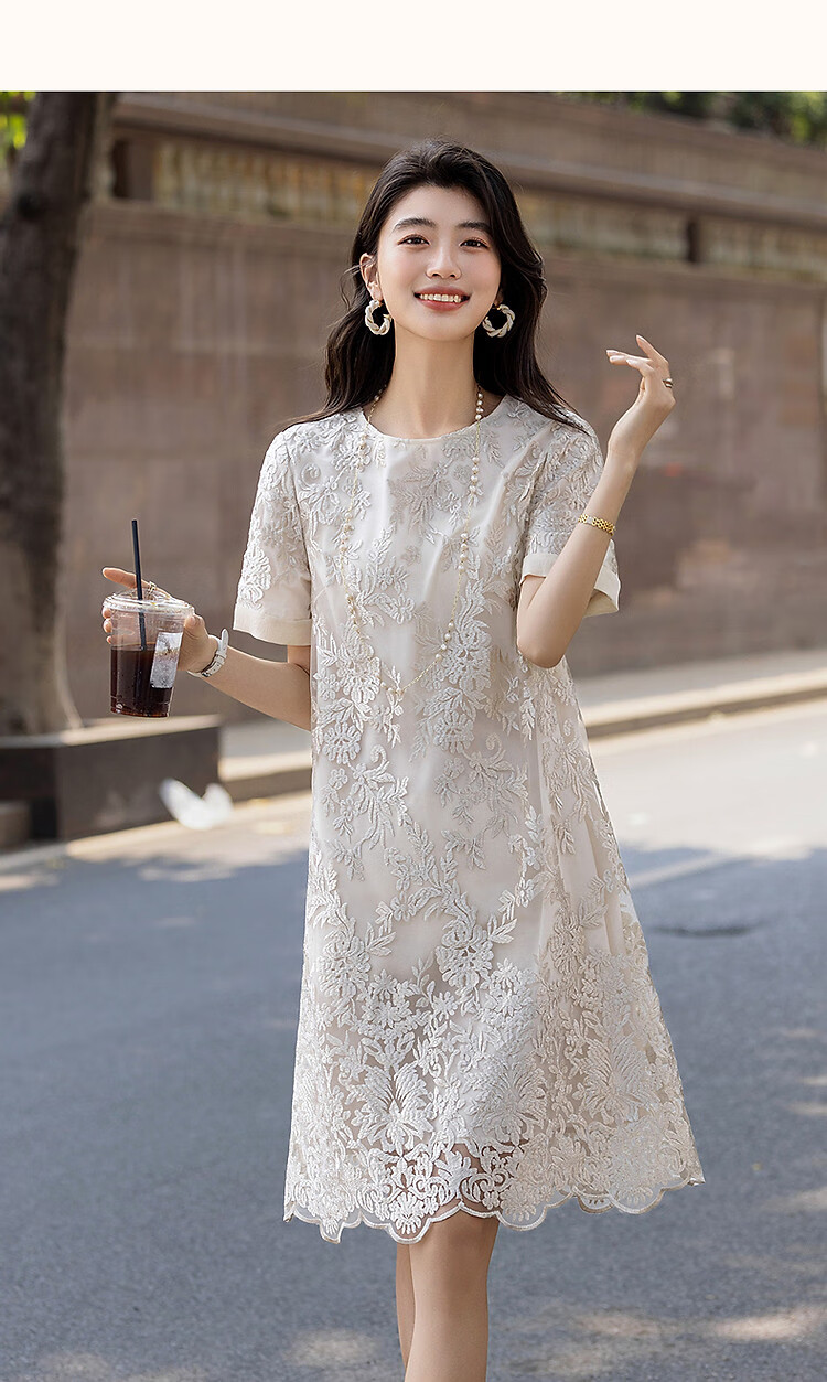 Demana French Charmer Summer Glossy Delicate Lace Embroidered Jacquard Short Sleeve Straight Mid-Length Women's Dress 16