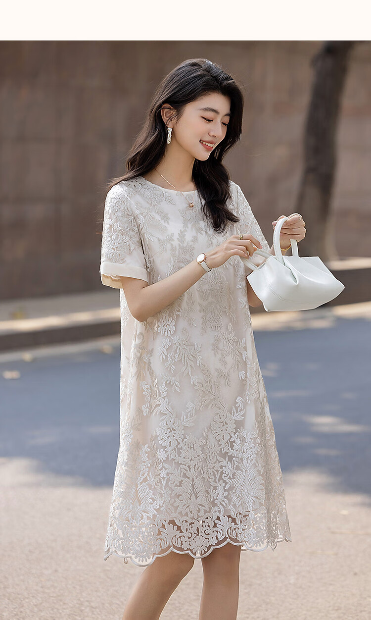 Demana French Charmer Summer Glossy Delicate Lace Embroidered Jacquard Short Sleeve Straight Mid-Length Women's Dress 17