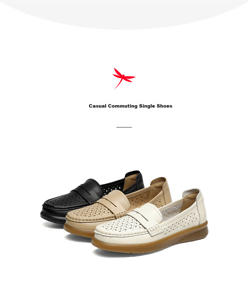 RED DRAGONFLY Women's Flats for Spring And Summer, Hollow-Out Shallow Mouth Flats, Soft-Soled Genuine Leather Shoes for Middle-Aged And Elderly Women WTB15149 Apricot Color Size 37 7