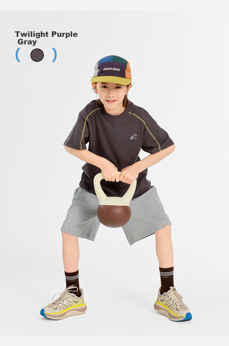 BANDOCIN Boys' Summer Short-Sleeve T-Shirt, 2026 New Style for Older Children, Sports Quick-Dry Top, Twilight Purple-Gray, Size 120 12