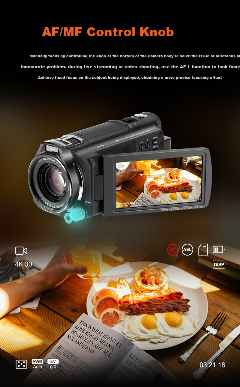 ORDRO XV80 Camera, 5K Ultra-High Professional Live Streaming And Recording Device, 12x Optical Zoom, Conference Vlog Short Video Home DV All-In Camera 9