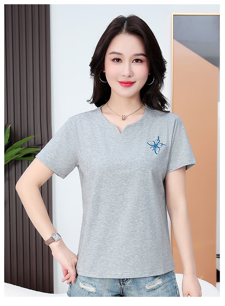 TUCANO Pure Cotton Short-Sleeve T-Shirt for Women, V-Neck Embroidery, Plus Size, Summer New Style, Middle-Aged Mom's Top, White, 4XL 9